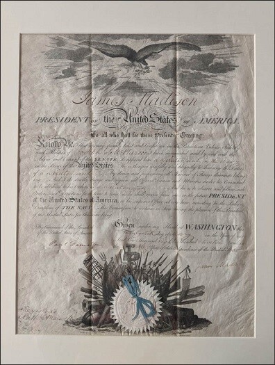 Rare, President James Madison Signed, A Pristine U. S. Naval Commission, 1812 Rare, President James Madison Signed, A Pristine U. S. Naval Commission, 1812