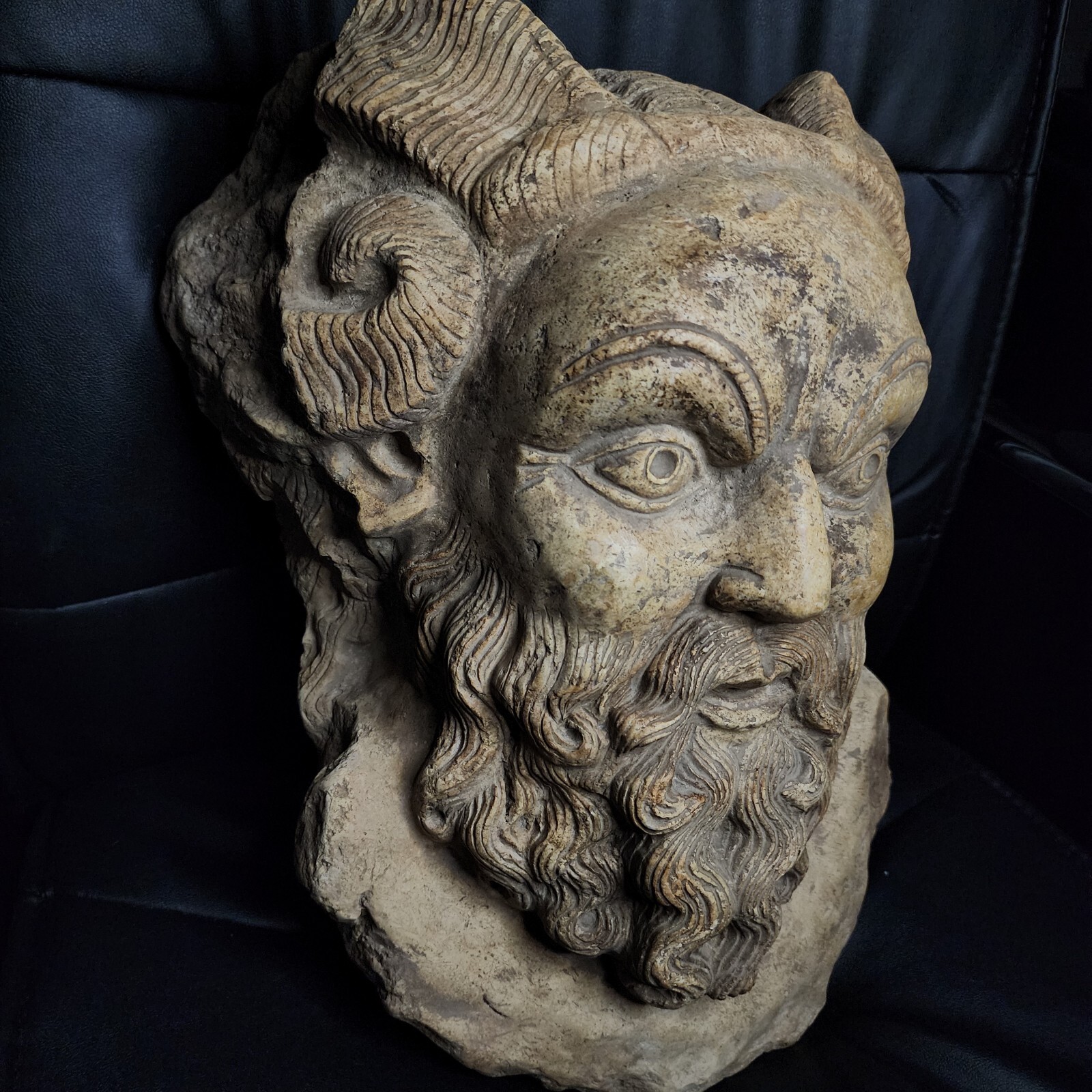 AN SPECTACULAR HUGE ROMAN STONE HEAD OF A DEMON. SUPERB 46CM