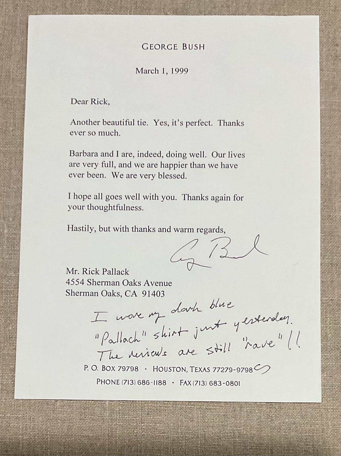 President George H. W. Bush Authentic Original Autographed Signed Letter / 1999 President George H. W. Bush Authentic Original Autographed Signed Letter / 1999