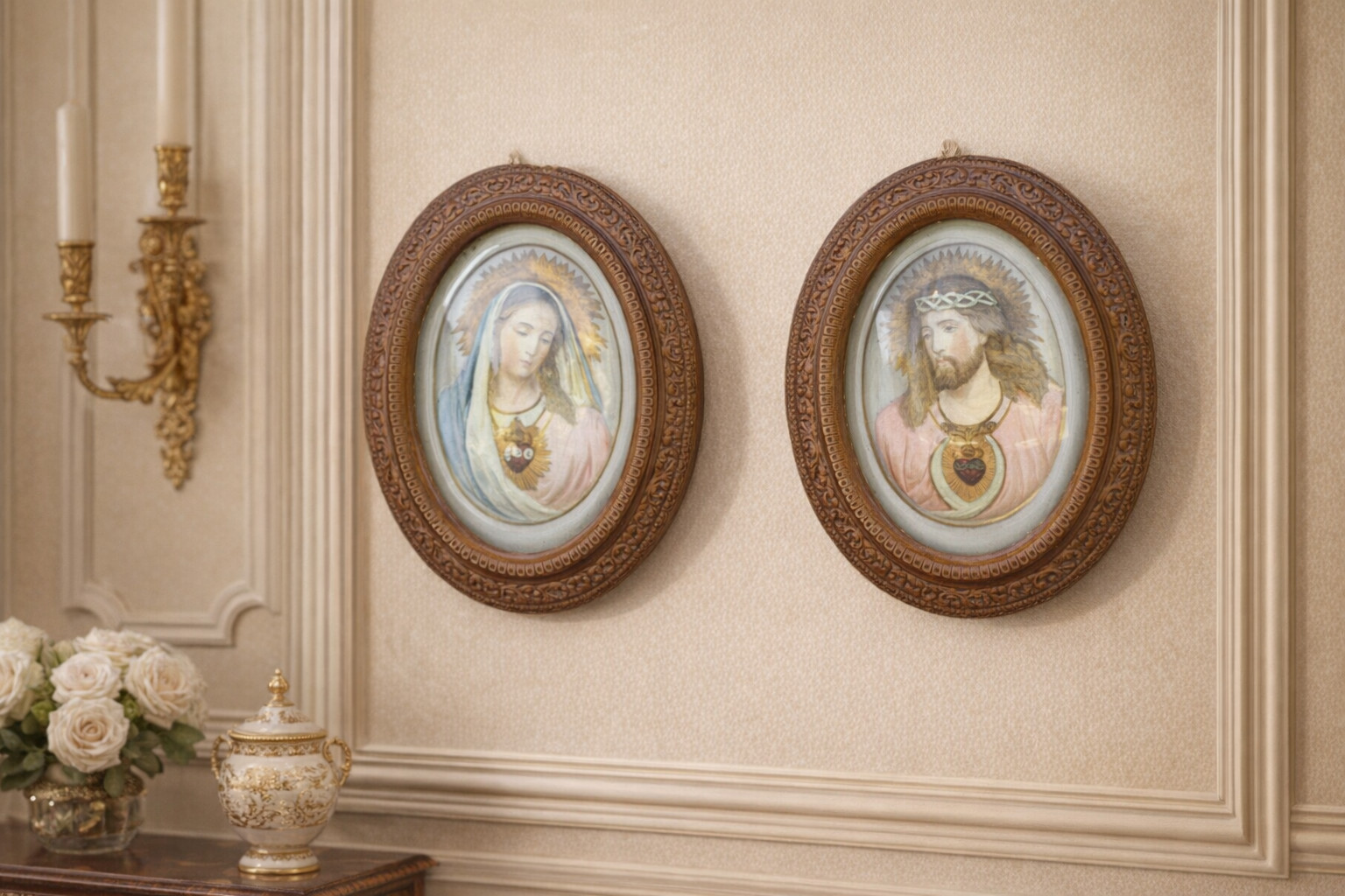 Antique set of 2 frames Jesus Christ Sacred Heart & Virgin Mary with relief 3D w