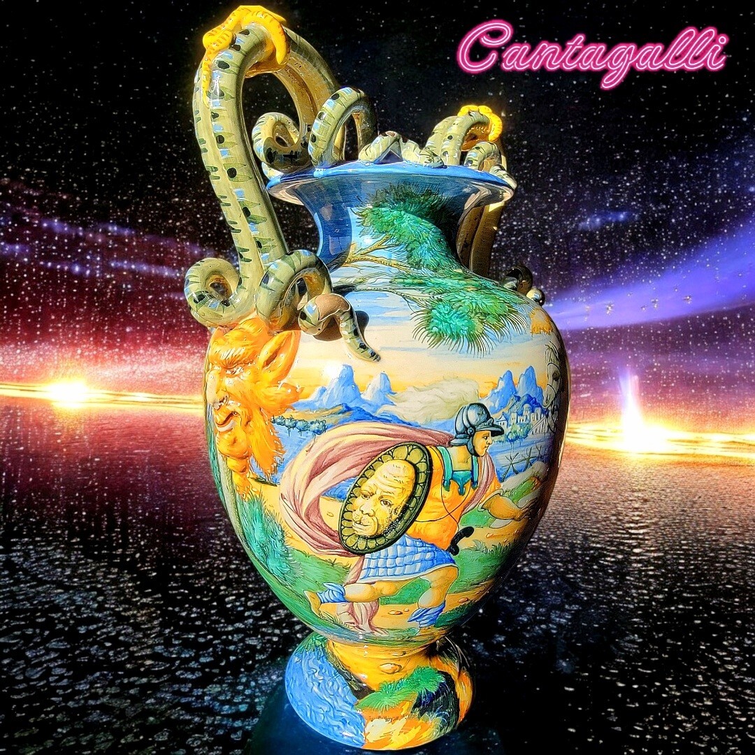19century Antique Cantagalli Majolica Vase with snake handles & Rooster Logo 