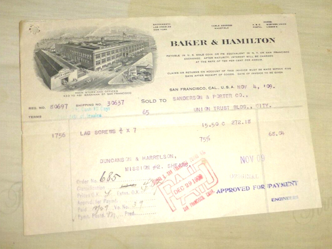 VINTAGE INVOICE BAKER & HAMILTON BRANNAN ST SAN FRANCISCO CA 1909 VINTAGE INVOICE BAKER & HAMILTON BRANNAN ST SAN FRANCISCO CA 1909