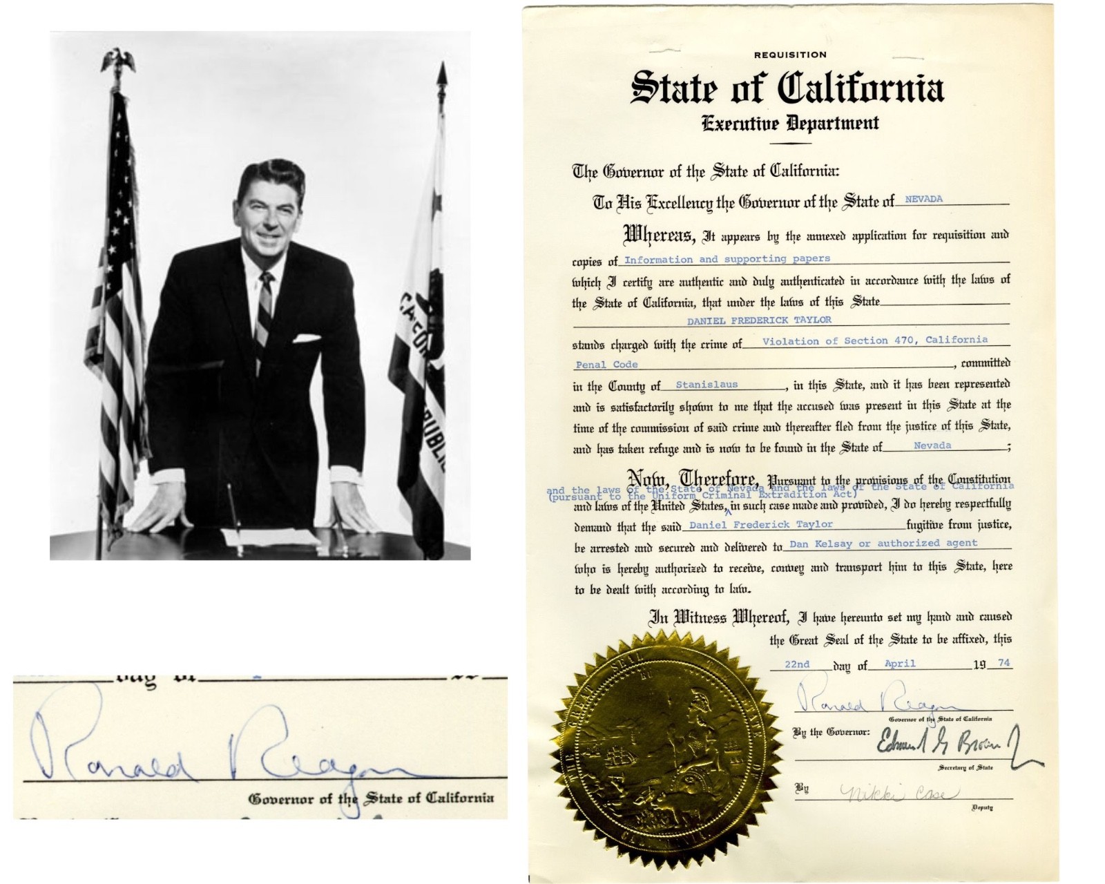 Ronald Reagan Signed Requisition Document as Governor for a Nevada Forger