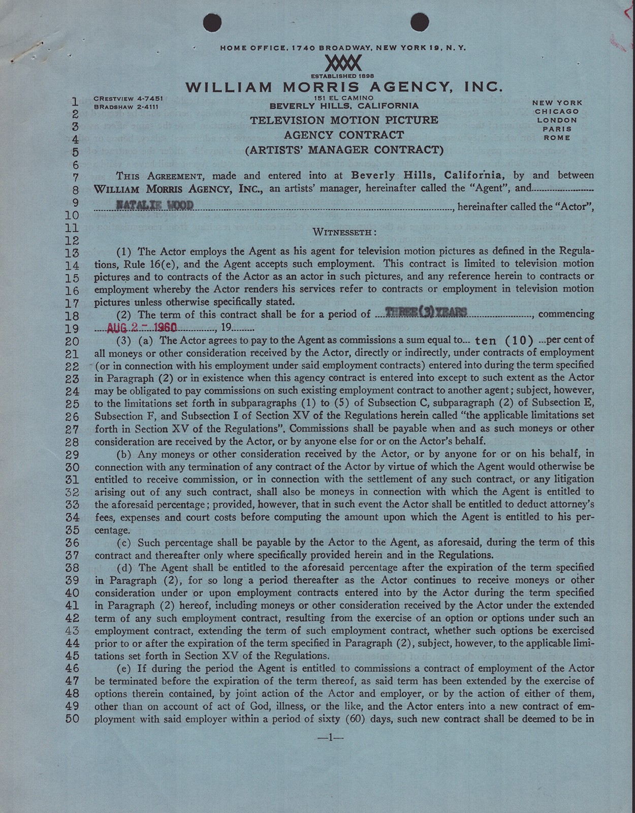 NATALIE WOOD - CONTRACT SIGNED 08/02/1960