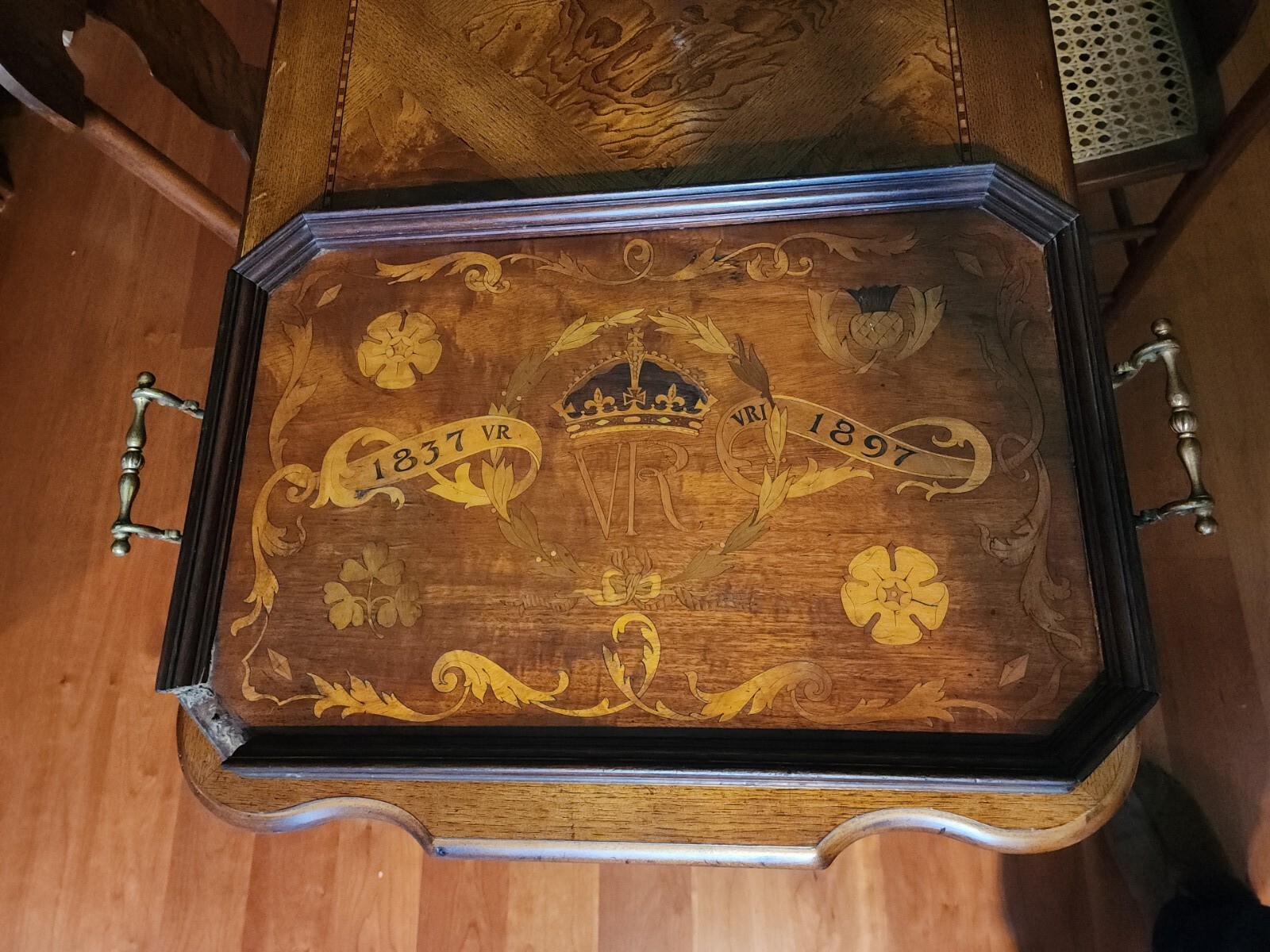 Extremely Rare Queen Victoria DIAMOND JUBILEE inlaid Wood Butlers Tray 1837 1897 Extremely Rare Queen Victoria DIAMOND JUBILEE inlaid Wood Butlers Tray 1837 1897