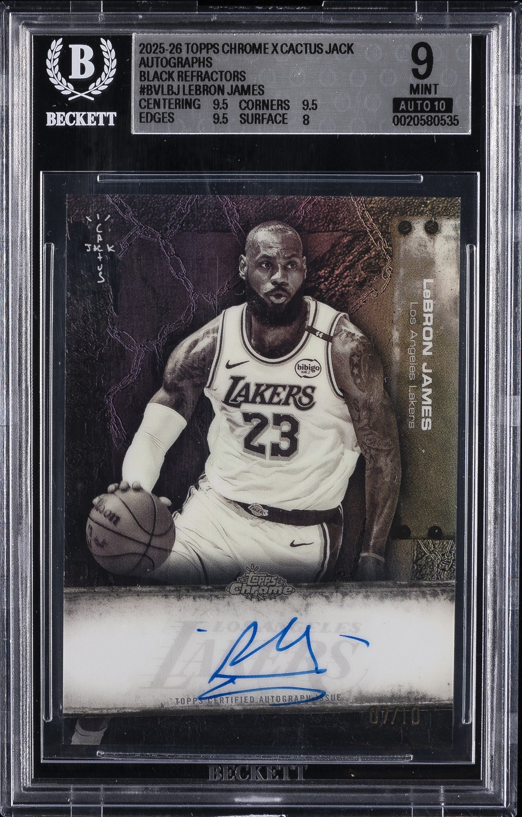 2025-26 TOPPS CHROME X CACTUS JACK AUTOS BLACK REFRACTOR LEBRON JAMES BGS 9
