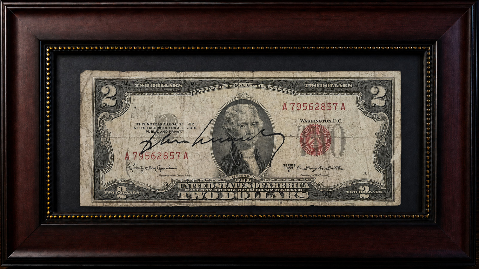 President John F. Kennedy Signed Currency - Two US Dollar Red Seal Note - JFK President John F. Kennedy Signed Currency - Two US Dollar Red Seal Note - JFK