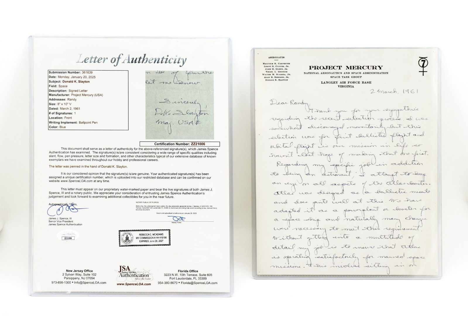 Deke Slayton SIGNED 1961 NASA Letter Mercury 7 Astronaut w/ JSA COA Space ASTP