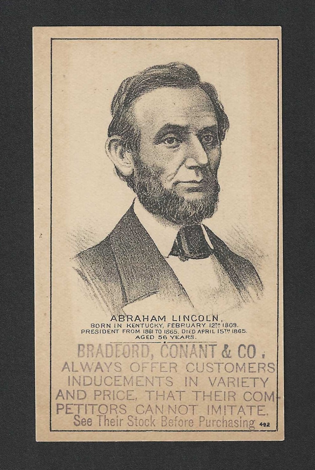 c1880's HD2A Trade Card - Bradford, Conant & Company - President Abraham Lincoln c1880's HD2A Trade Card - Bradford, Conant & Company - President Abraham Lincoln