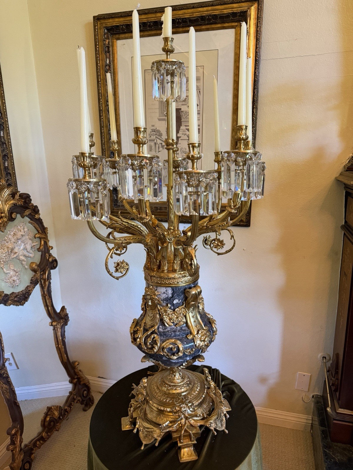 Palace Quality Bronze Candelabra with Crystals Marble Base.