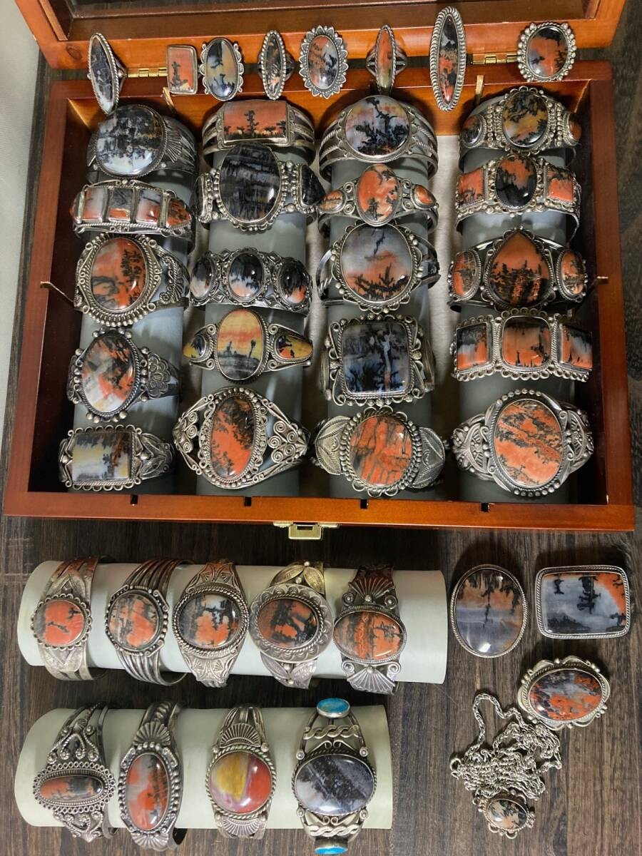 Lot 41pc Navajo Sterling Silver Petrified Wood Agate Cuff Bracelet Ring Set JP