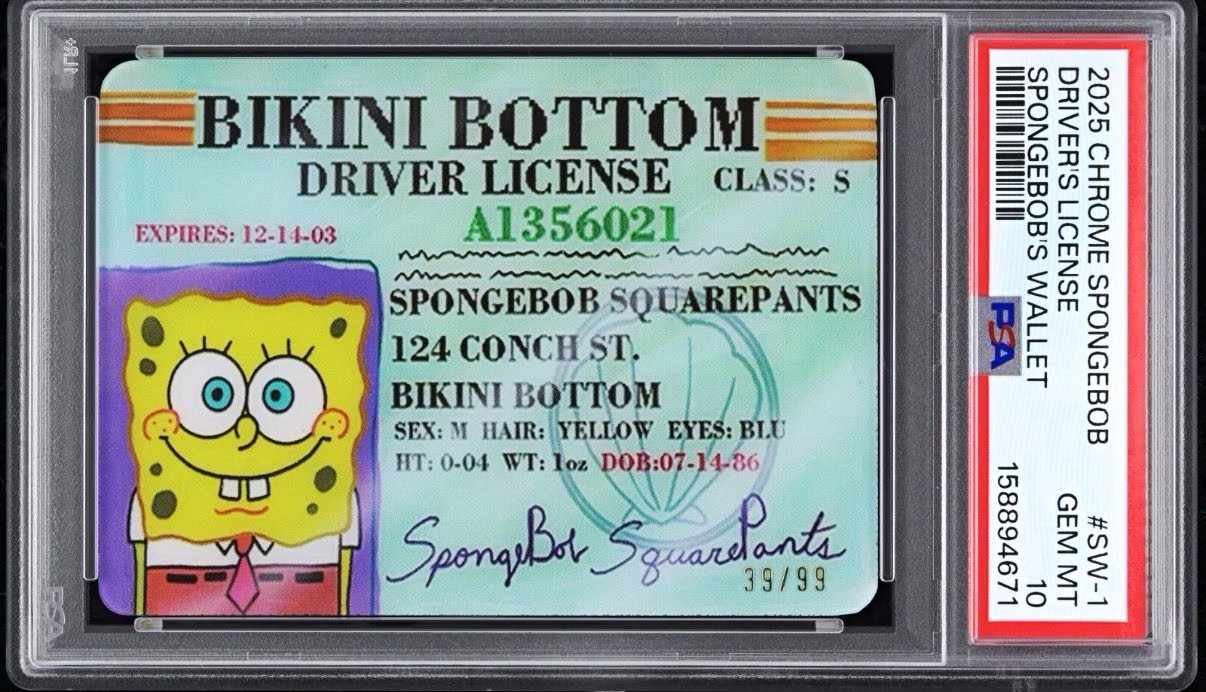 Topps 2025 Chrome SpongeBob Driver's License #SW-1 PSA 10 39/99 Topps 2025 Chrome SpongeBob Driver's License #SW-1 PSA 10 39/99