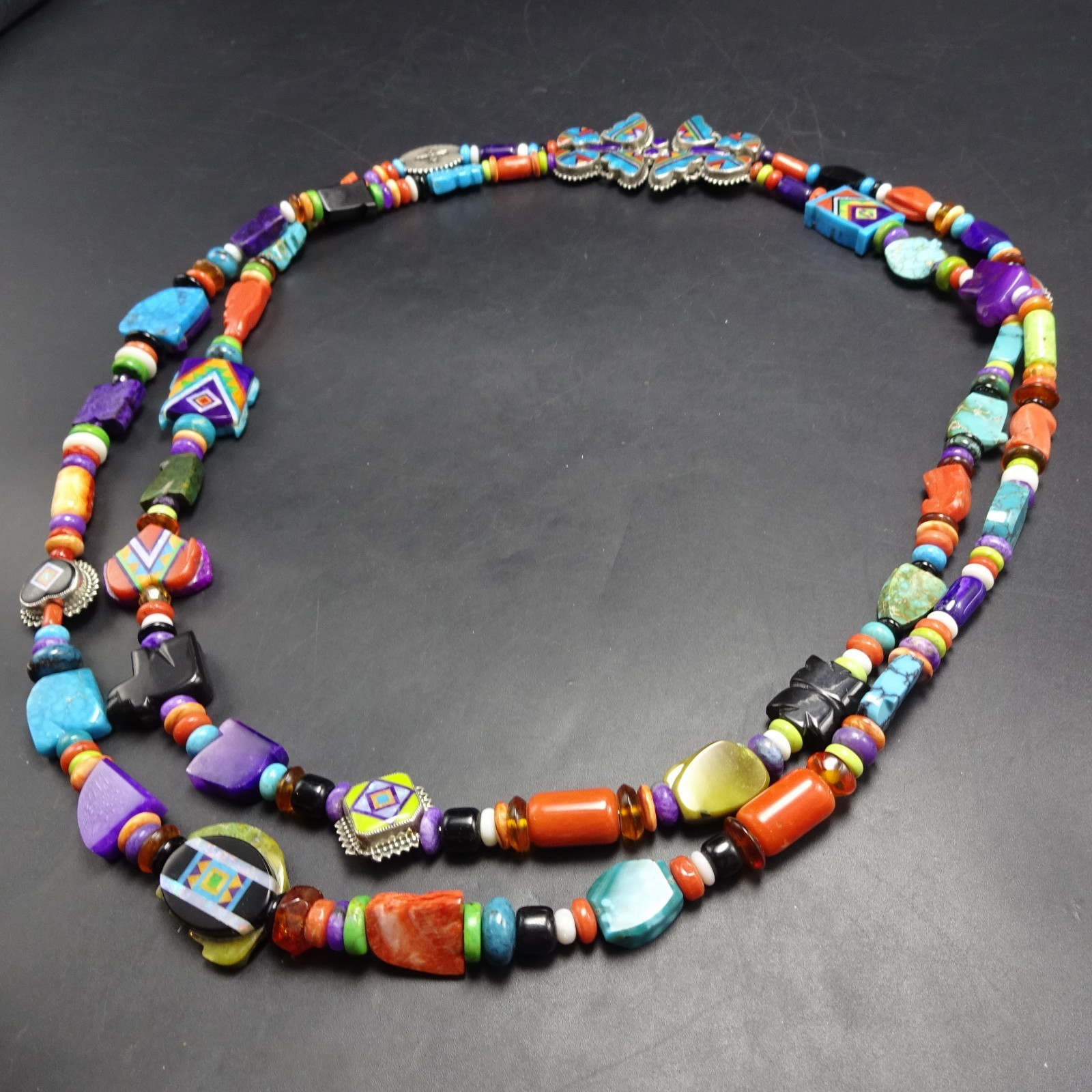 Vintage ALDRICH ART Necklace 2-Strands with MOSAIC Inlay CHARMS Butterfly Clasp Vintage ALDRICH ART Necklace 2-Strands with MOSAIC Inlay CHARMS Butterfly Clasp