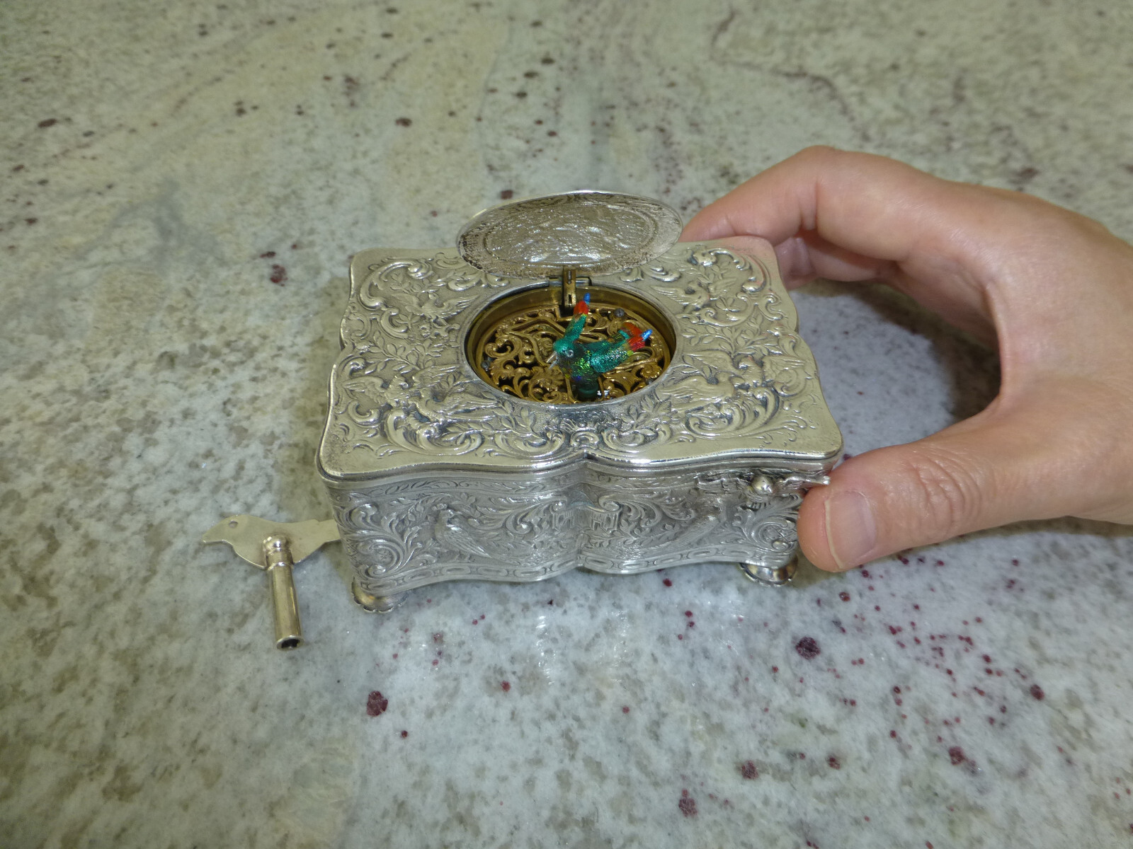 Antique Sterling Silver Swiss Singing Bird Box Unique Singing Tone Rare Movement Antique Sterling Silver Swiss Singing Bird Box Unique Singing Tone Rare Movement