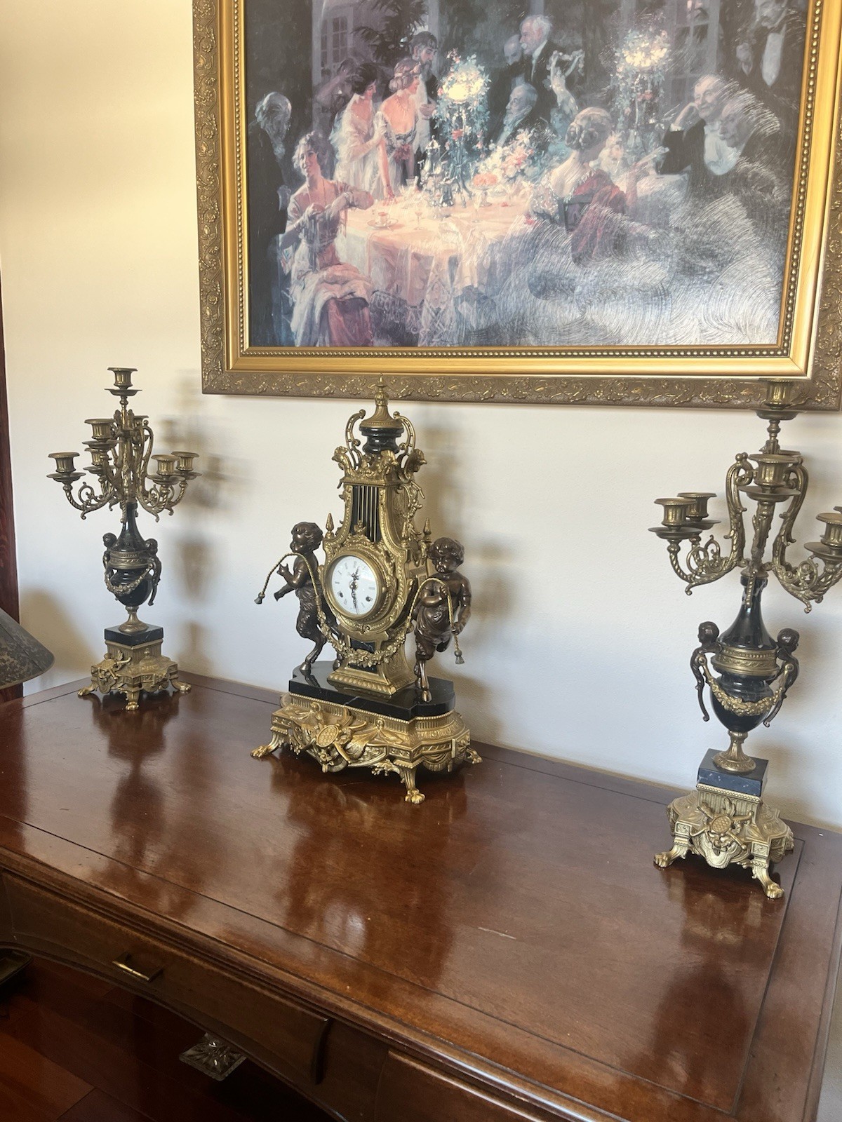 3-Piece Italian Brevettato Brass & Marble Clock & Candelabra Garniture Set 3-Piece Italian Brevettato Brass & Marble Clock & Candelabra Garniture Set