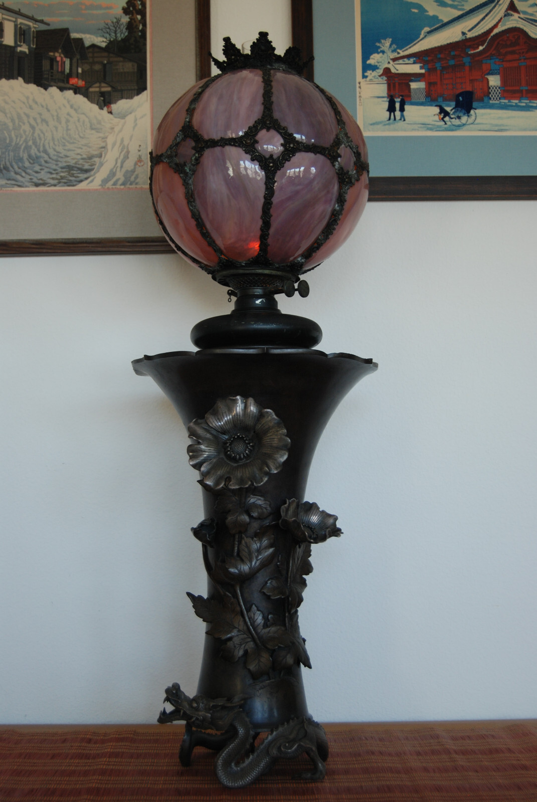 ANTIQUE ART NOUVEAU JAPANESE CNINESE MEIJI BRONZE SLAG GLAS SHADE KEROSENE LAMP ANTIQUE ART NOUVEAU JAPANESE CNINESE MEIJI BRONZE SLAG GLAS SHADE KEROSENE LAMP