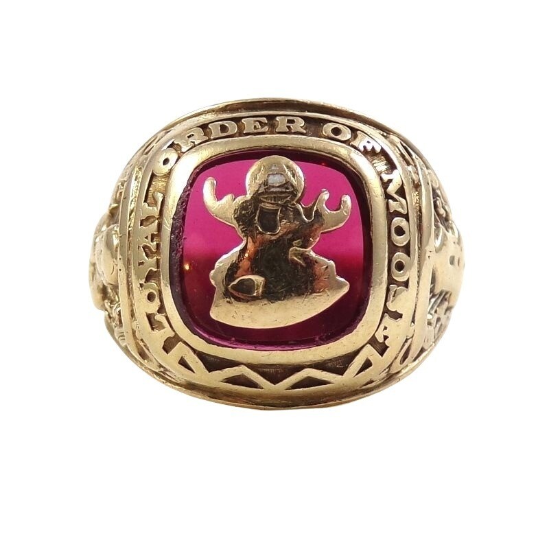 Heavy VTG Solid 10K Yellow Gold Loyal Order of Moose Red Ruby Men's Ring Sz 11