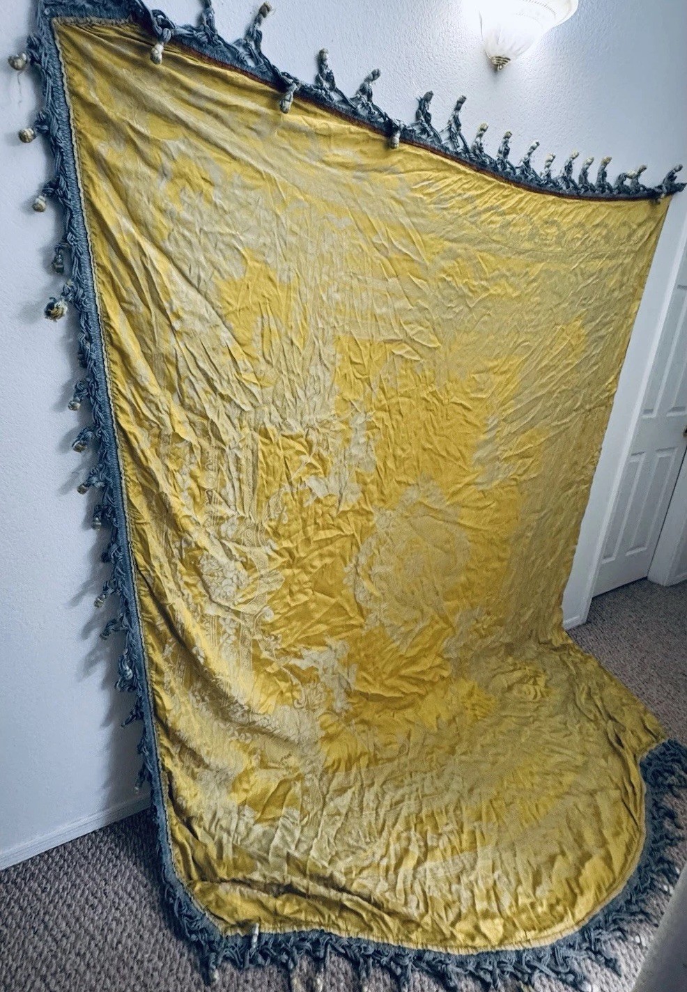 Antique French Silk Satin W Rope Trim Wall Hanging Bed Yellow Celadon 72”x 94” Antique French Silk Satin W Rope Trim Wall Hanging Bed Yellow Celadon 72”x 94”