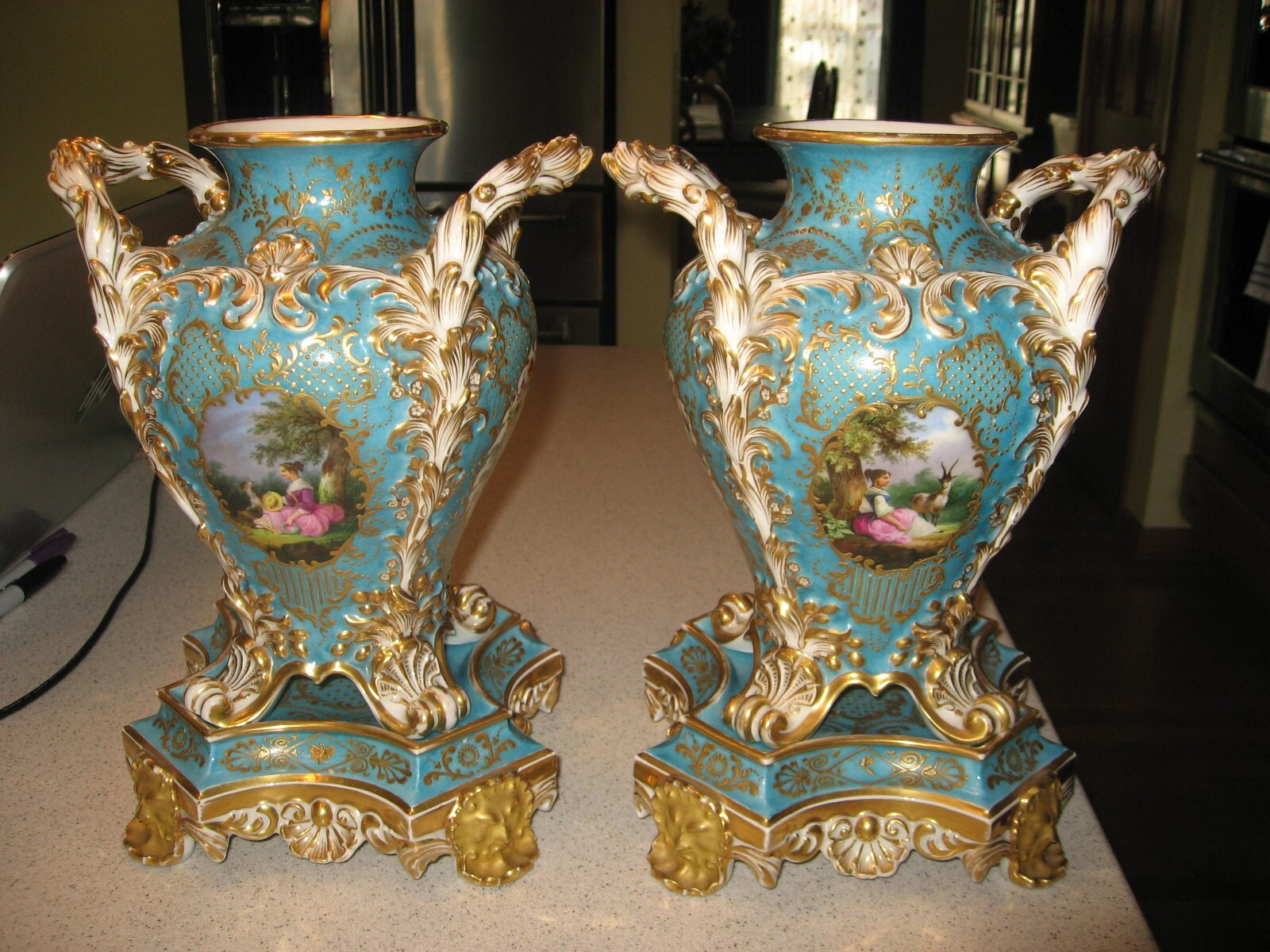 Antique Pair of French c.1840 Jacob Petit Porcelain Vases with Stands Signed
