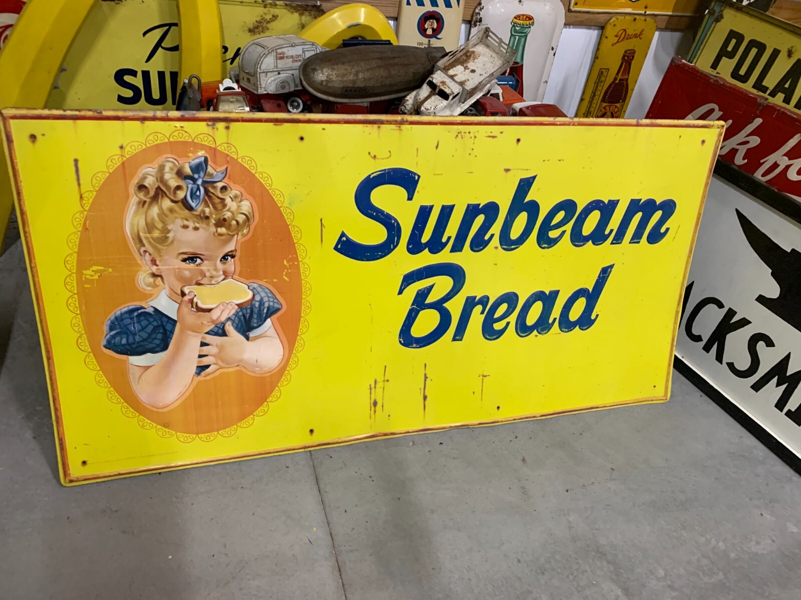 Vintage LARGE Original Metal Sunbeam Bread Sign Little Miss Sunbeam GAS OIL SODA Vintage LARGE Original Metal Sunbeam Bread Sign Little Miss Sunbeam GAS OIL SODA