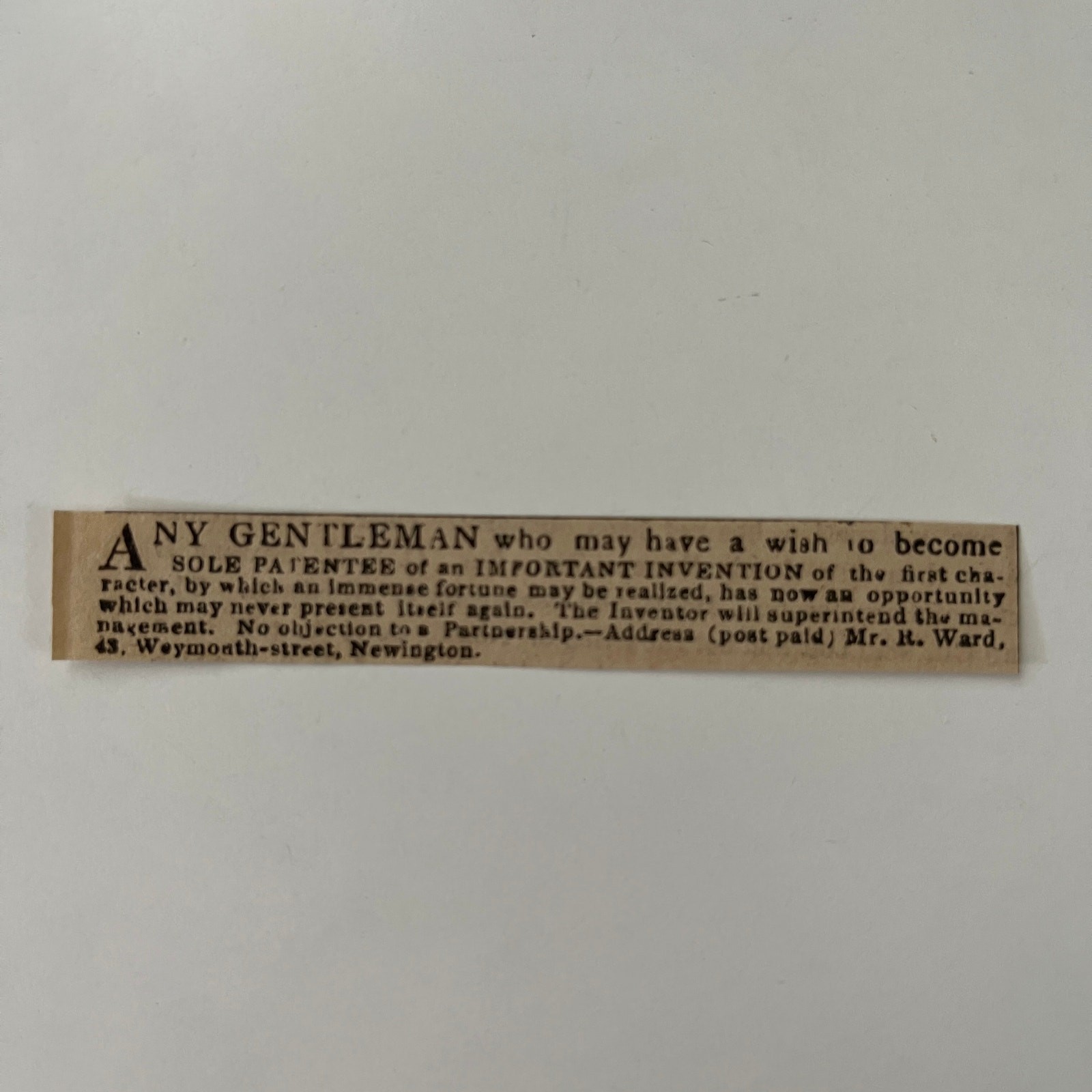 Sole Patentee Of An Important Invention R Ward 1834 London Clipping SAI8-S41 Sole Patentee Of An Important Invention R Ward 1834 London Clipping SAI8-S41