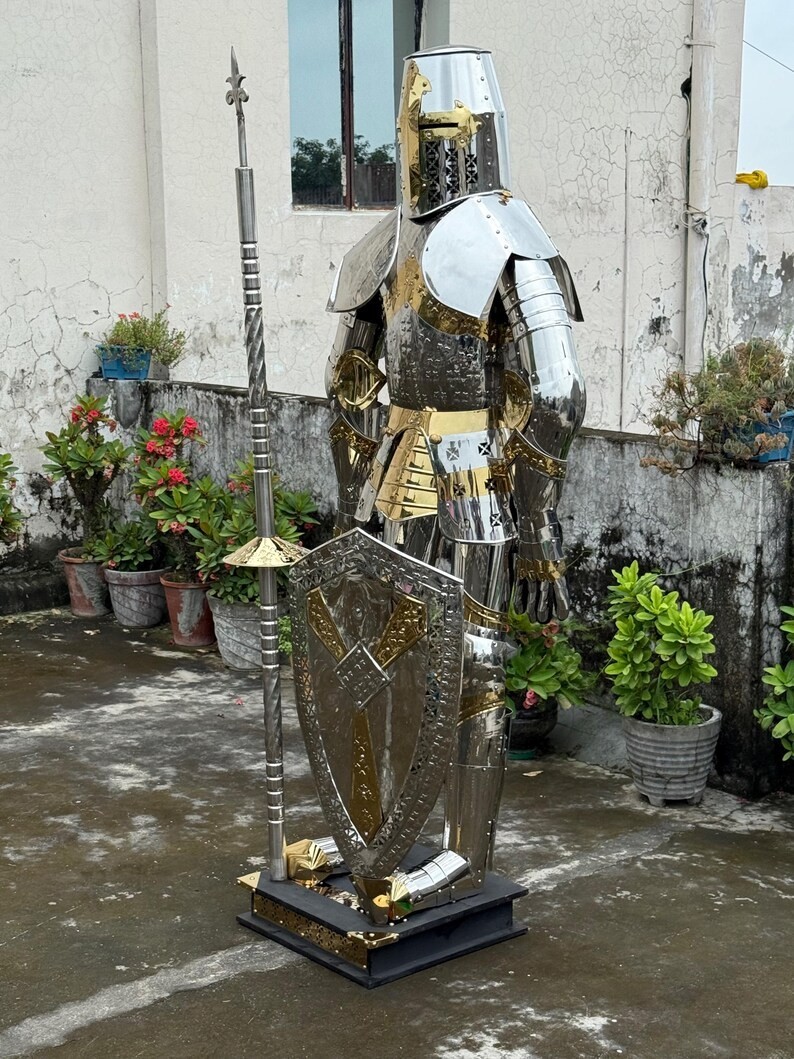 Full Body Medieval Crusader Knight Armor Polished Stainless Steel Suit with Bas Full Body Medieval Crusader Knight Armor Polished Stainless Steel Suit with Bas