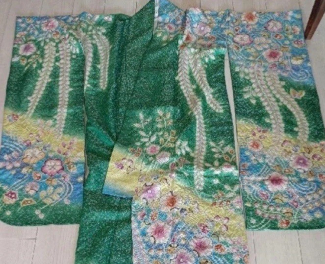 Authentic Tsujigahana Silk Furisode Kimono obi Set Japan Authentic Tsujigahana Silk Furisode Kimono obi Set Japan