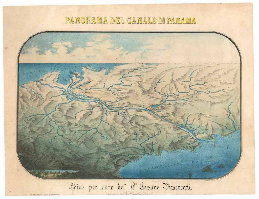 c. 1880 Pictorial View 'Panorama del Canale di Panama' French Panama Canal Plan c. 1880 Pictorial View 'Panorama del Canale di Panama' French Panama Canal Plan