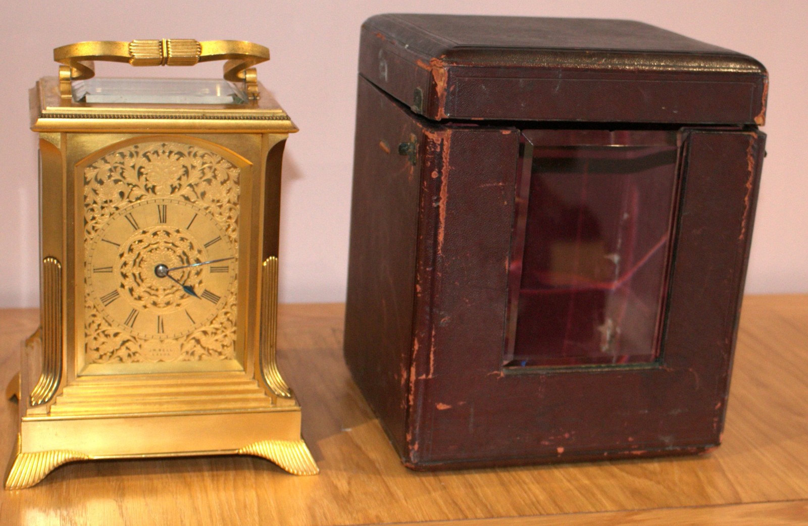 ANTIQUE ENGLISH GIANT GILT BRONZE STRIKING AND REPEATING FUSEE CARRIAGE CLOCK