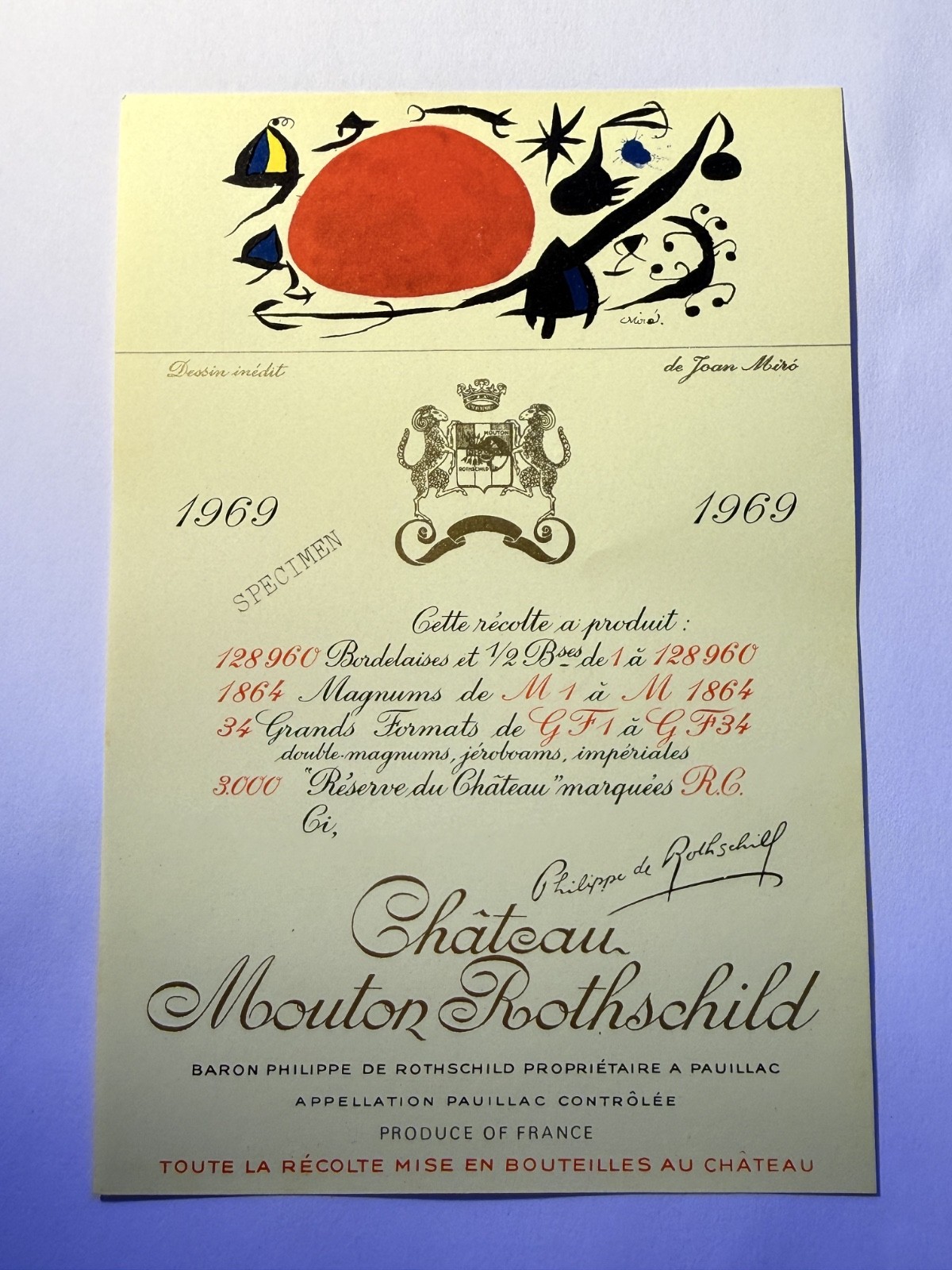 Château Mouton Rothschild Wine Label Specimen 1969