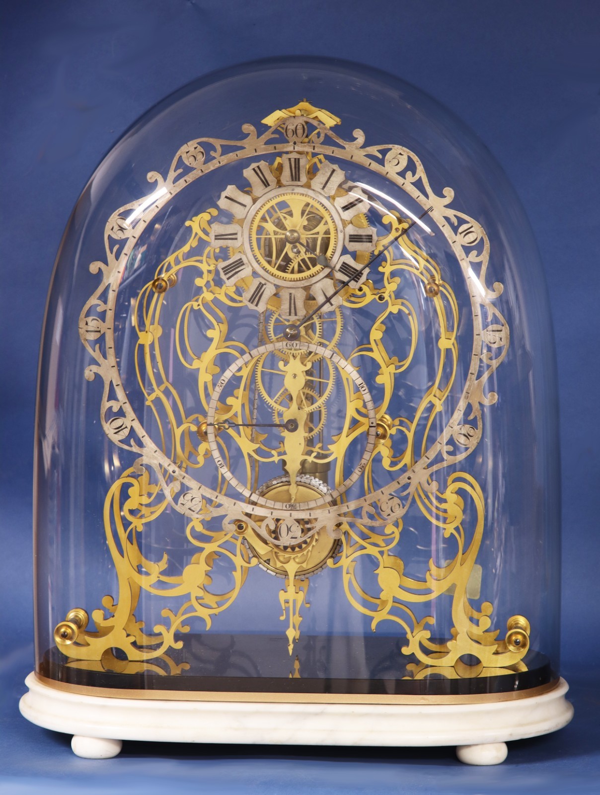 c.1870 English Arabesque Frame Skeleton Regulator Clock by Evans. c.1870 English Arabesque Frame Skeleton Regulator Clock by Evans.