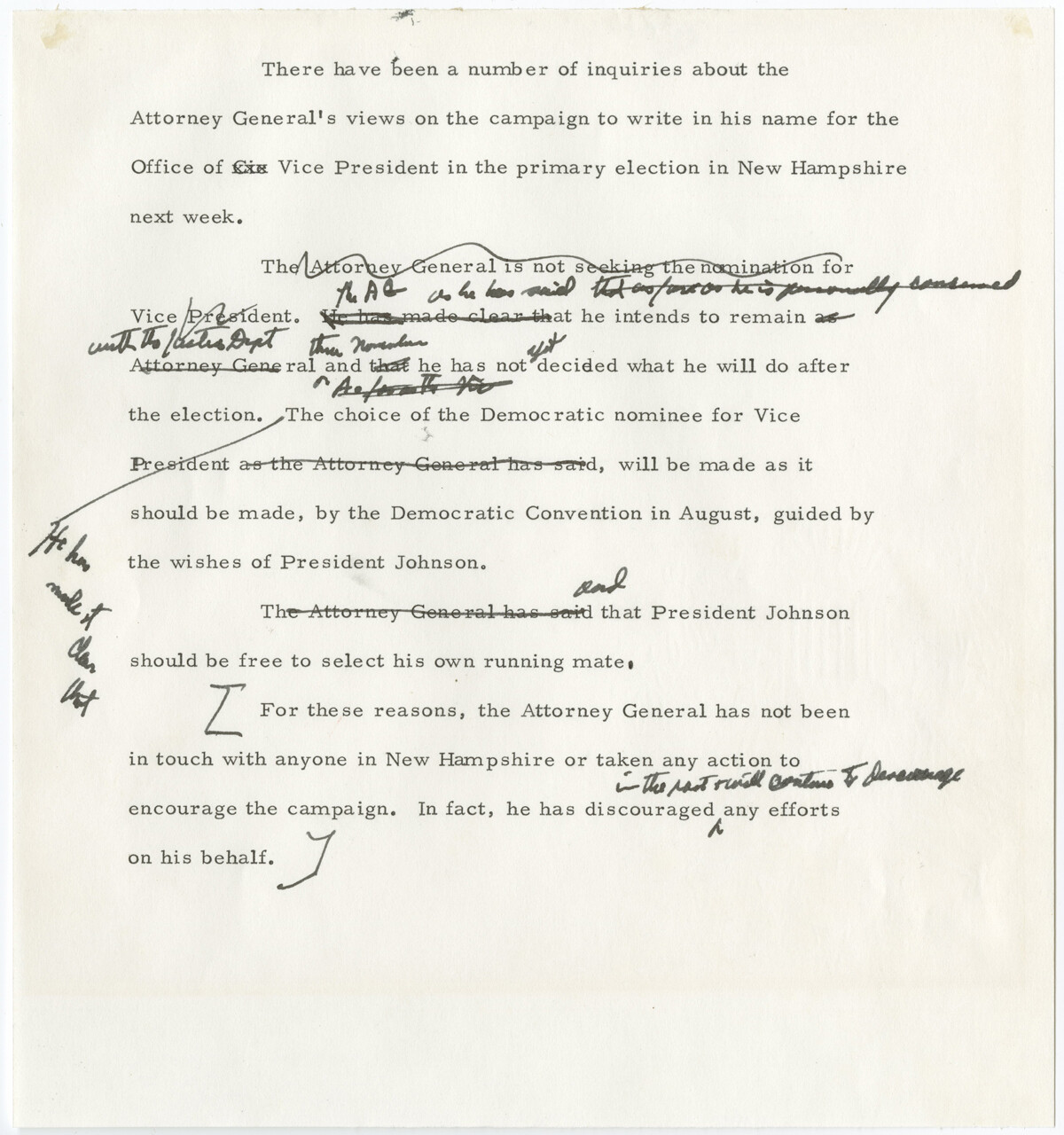 1964 Robert Kennedy Draft Press Release Discouraging a Write-In Campaign (RARE) 1964 Robert Kennedy Draft Press Release Discouraging a Write-In Campaign (RARE)