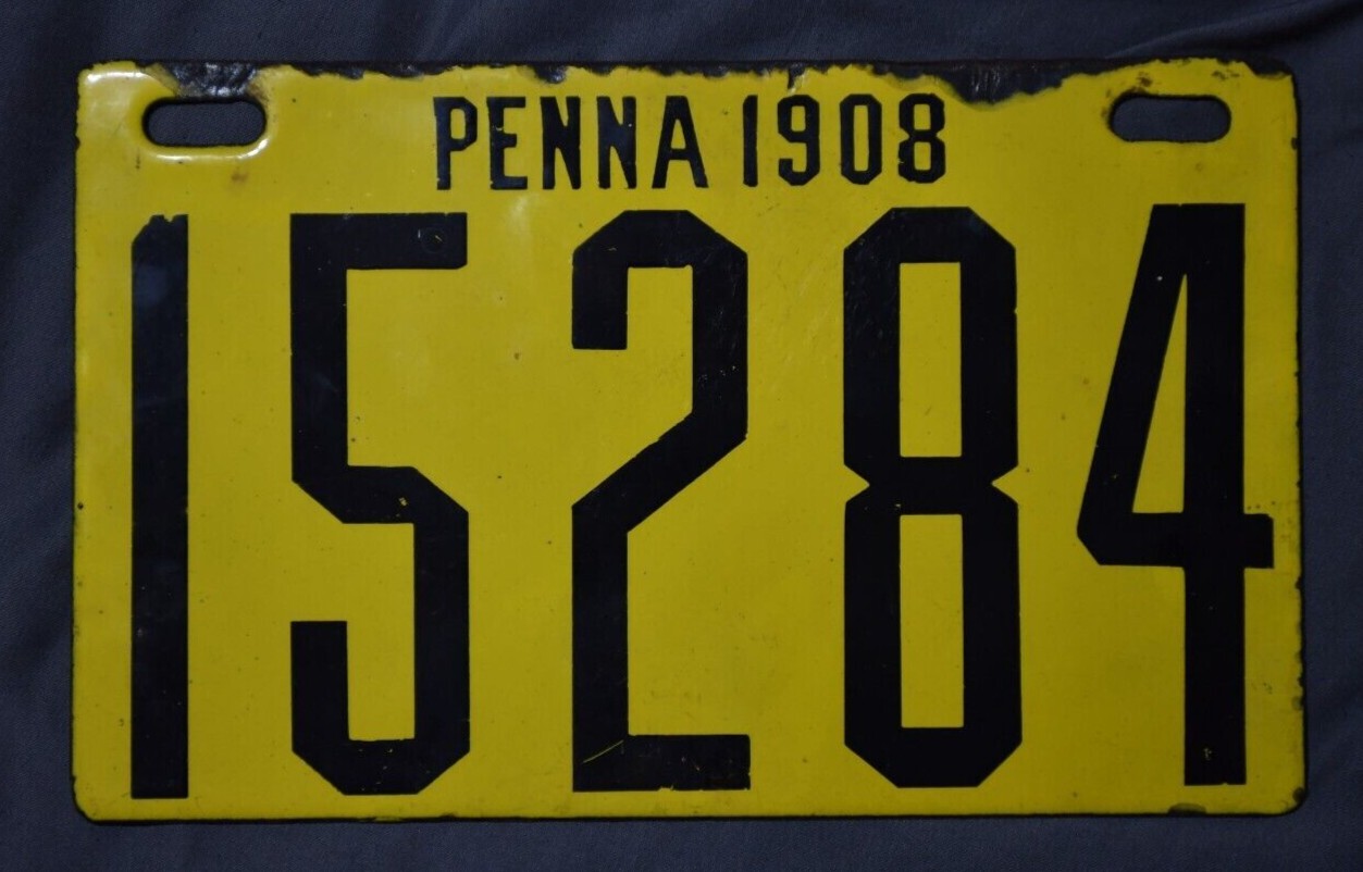 1908 PA License Plate #15284 Ing Rich Porcelain Enamel Beaver Falls Pennsylvania