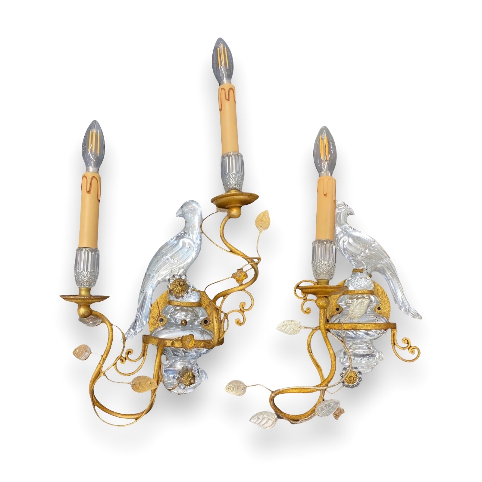 1930s-40s Pair of Maison Bagues French Crystal Parrot and Urn Wall Sconces