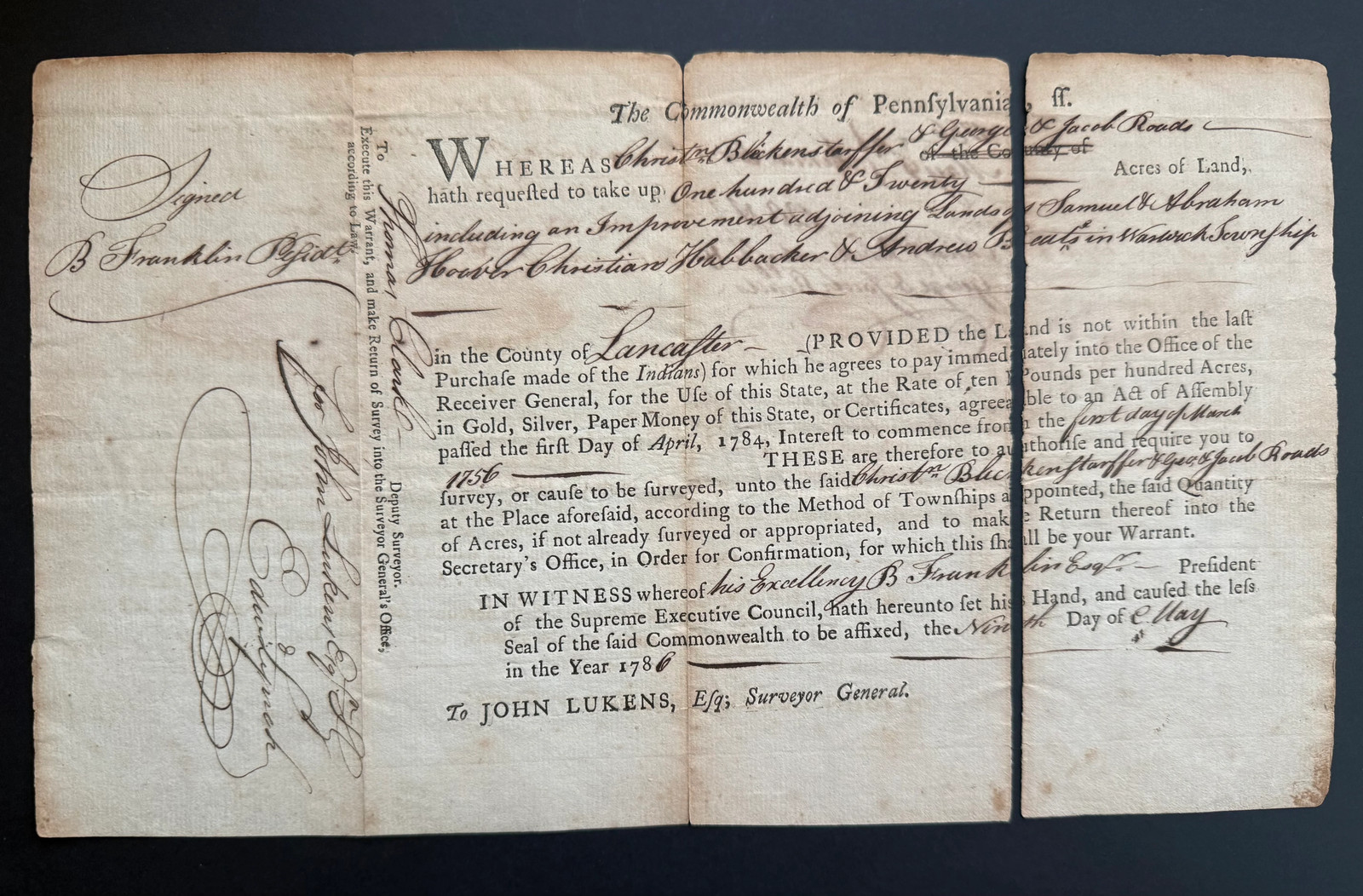 Benjamin Franklin Signed 1786 Pennsylvania Land Warrant – Lancaster County Benjamin Franklin Signed 1786 Pennsylvania Land Warrant – Lancaster County