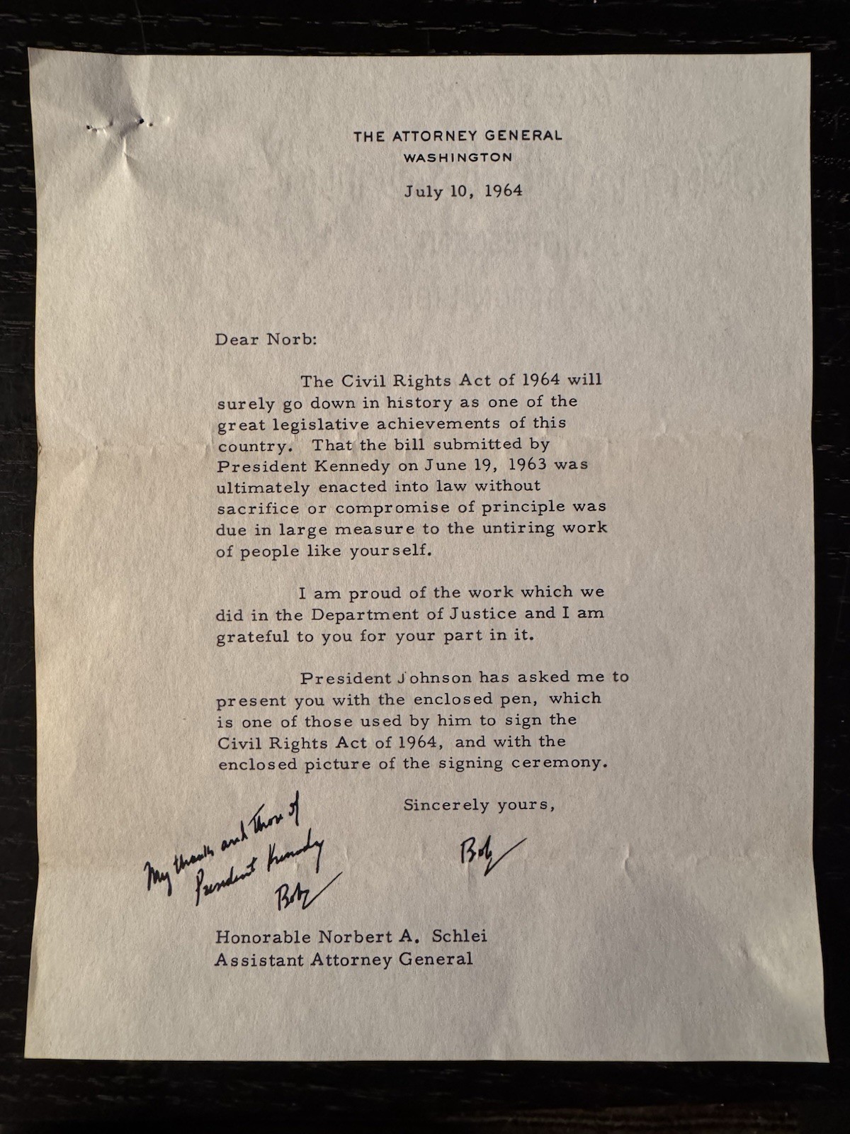 RFK ROBERT F KENNEDY SIGNED 1964 CIVIL RIGHTS ACT DOJ LETTER NORBERT SCHLEI RFK ROBERT F KENNEDY SIGNED 1964 CIVIL RIGHTS ACT DOJ LETTER NORBERT SCHLEI