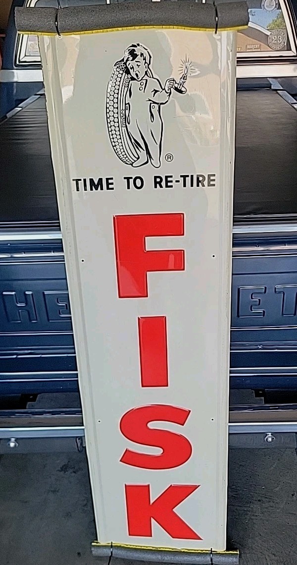 1958 Rare Fisk Tires Metal Gasoline Gas Oil Sign Time To Re-tire Nice 60 1958 Rare Fisk Tires Metal Gasoline Gas Oil Sign Time To Re-tire Nice 60