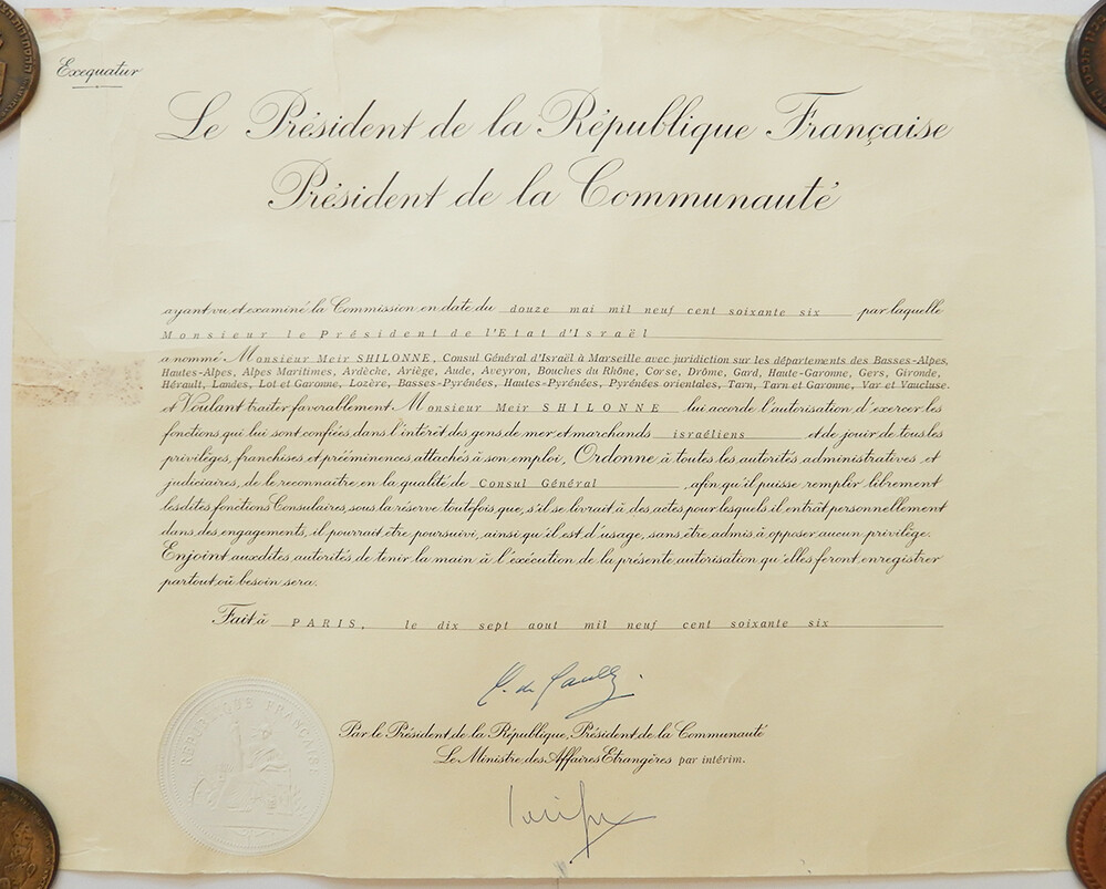 1966 LETTER OF CREDENCE ISRAEL CONSUL GENERAL SIGNED CHARLES DE GAULLE FRANCE 