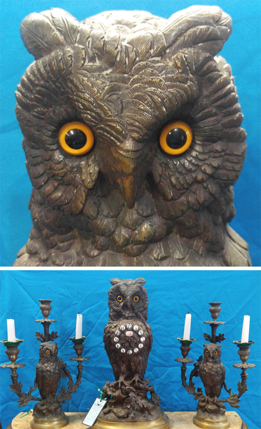 BRONZE FRENCH JAPY FRERES 3 PC OWL CLOCK SET GRANDE MEDAILLE D'HONNEUR C1860 BRONZE FRENCH JAPY FRERES 3 PC OWL CLOCK SET GRANDE MEDAILLE D'HONNEUR C1860