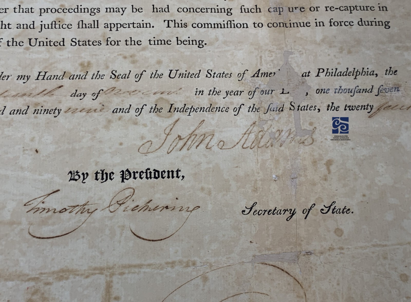 JOHN ADAMS EXCEEDINGLY-RARE PRIVATEER’S COMMISSION SIGNED QUASI-WAR FRANCE 1799 JOHN ADAMS EXCEEDINGLY-RARE PRIVATEER’S COMMISSION SIGNED QUASI-WAR FRANCE 1799