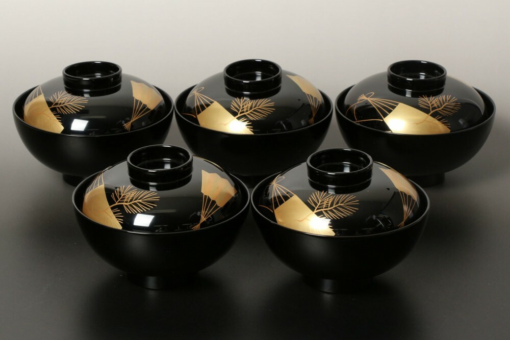 Owan Japanese soup bowl Echizen Lacquerware Handcraft Fan Pine set of 5 Owan Japanese soup bowl Echizen Lacquerware Handcraft Fan Pine set of 5