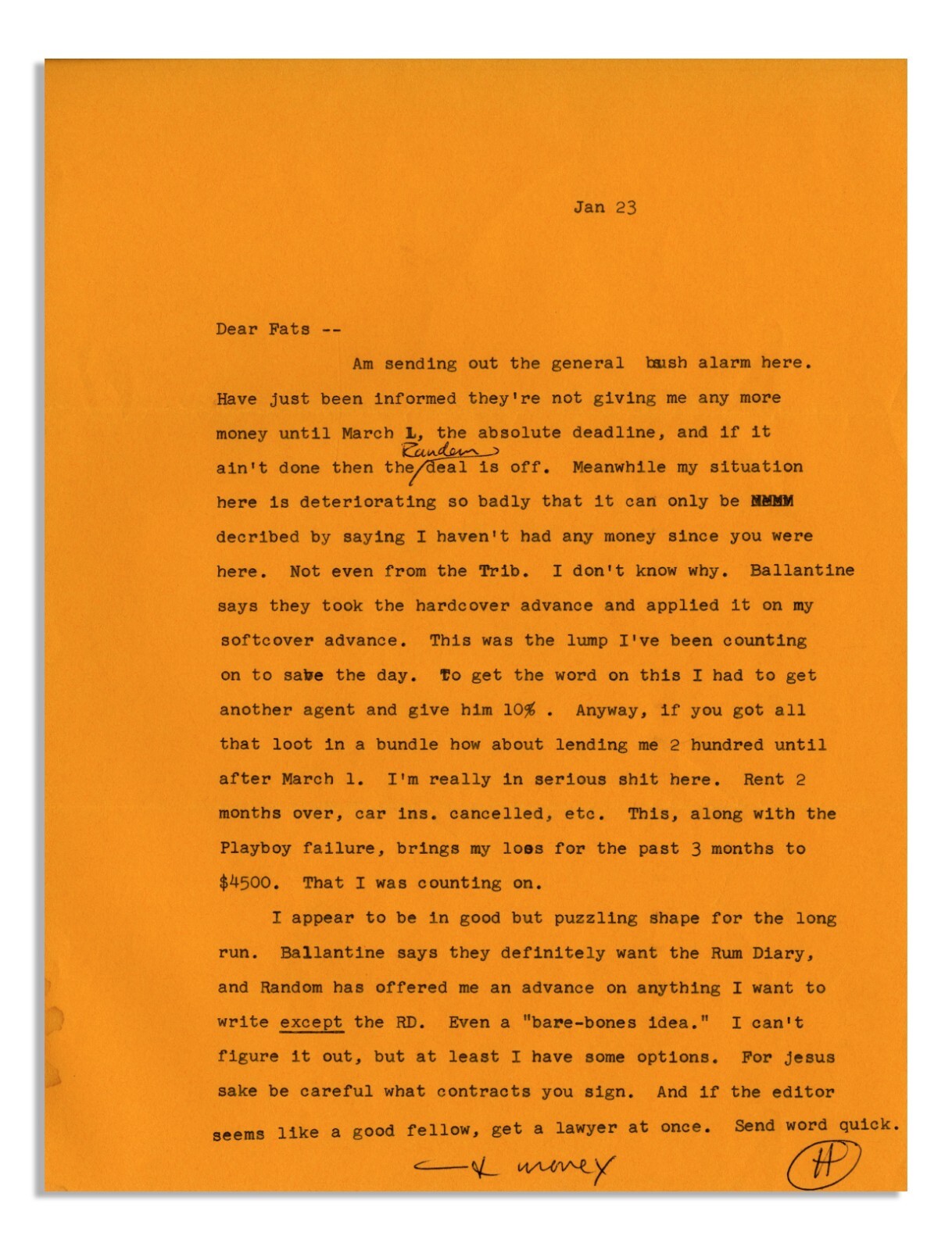 Hunter S. Thompson Letter Signed From 1966 re Rum Diary Hunter S. Thompson Letter Signed From 1966 re Rum Diary