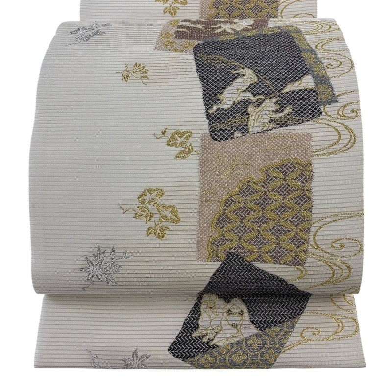 Japanese Kimono Fukuro Obi Silk Yamato Beige Choju Giga Shikishi Cards