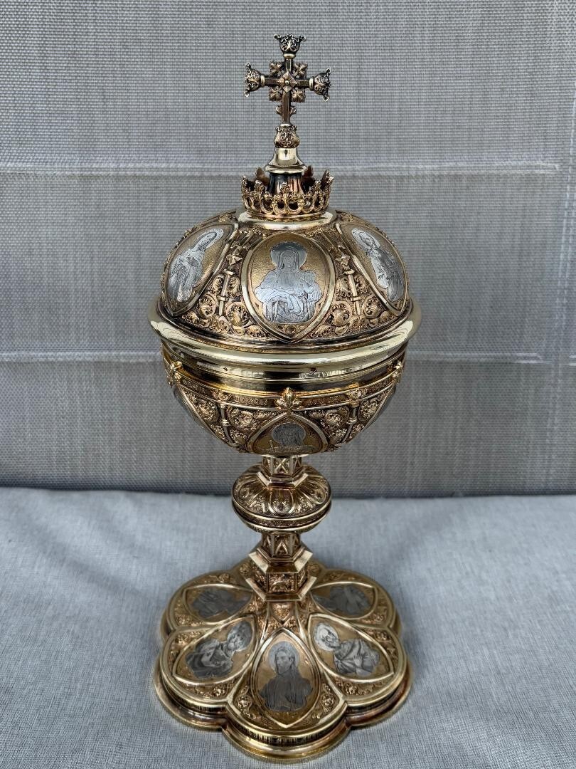 + Beautiful Antique French Silver Ciborium + Chalice w/Cover, 12 Apostles (CU10)