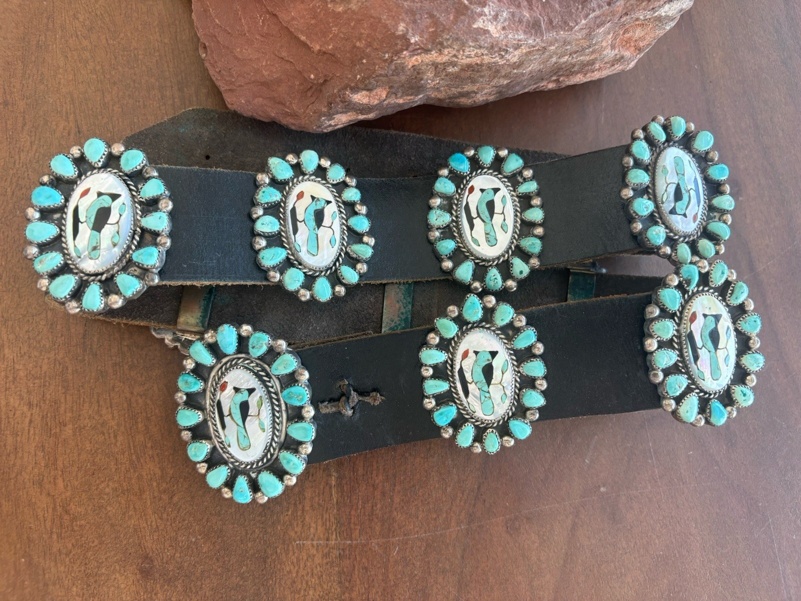 Vintage Inlay Concho Belt Blue Jay Bird Turquoise Coral Cluster Native Navajo