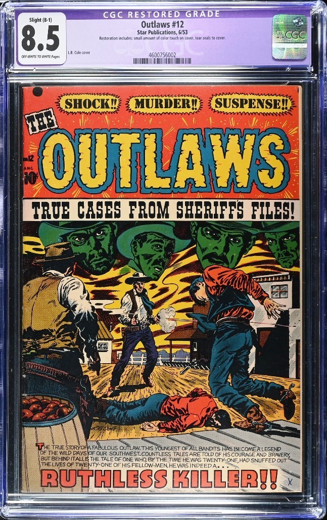 Outlaws #12 CGC 8.5 restored OW-W pages LB Cole cover 2nd highest 1953 Star Outlaws #12 CGC 8.5 restored OW-W pages LB Cole cover 2nd highest 1953 Star
