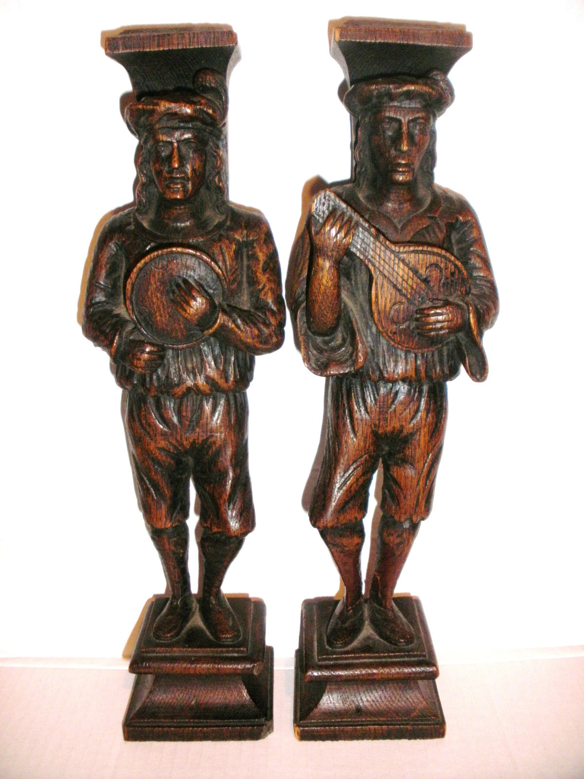 Pair Antique 18/19thc wood candlesticks figures mandolin player musician Italian