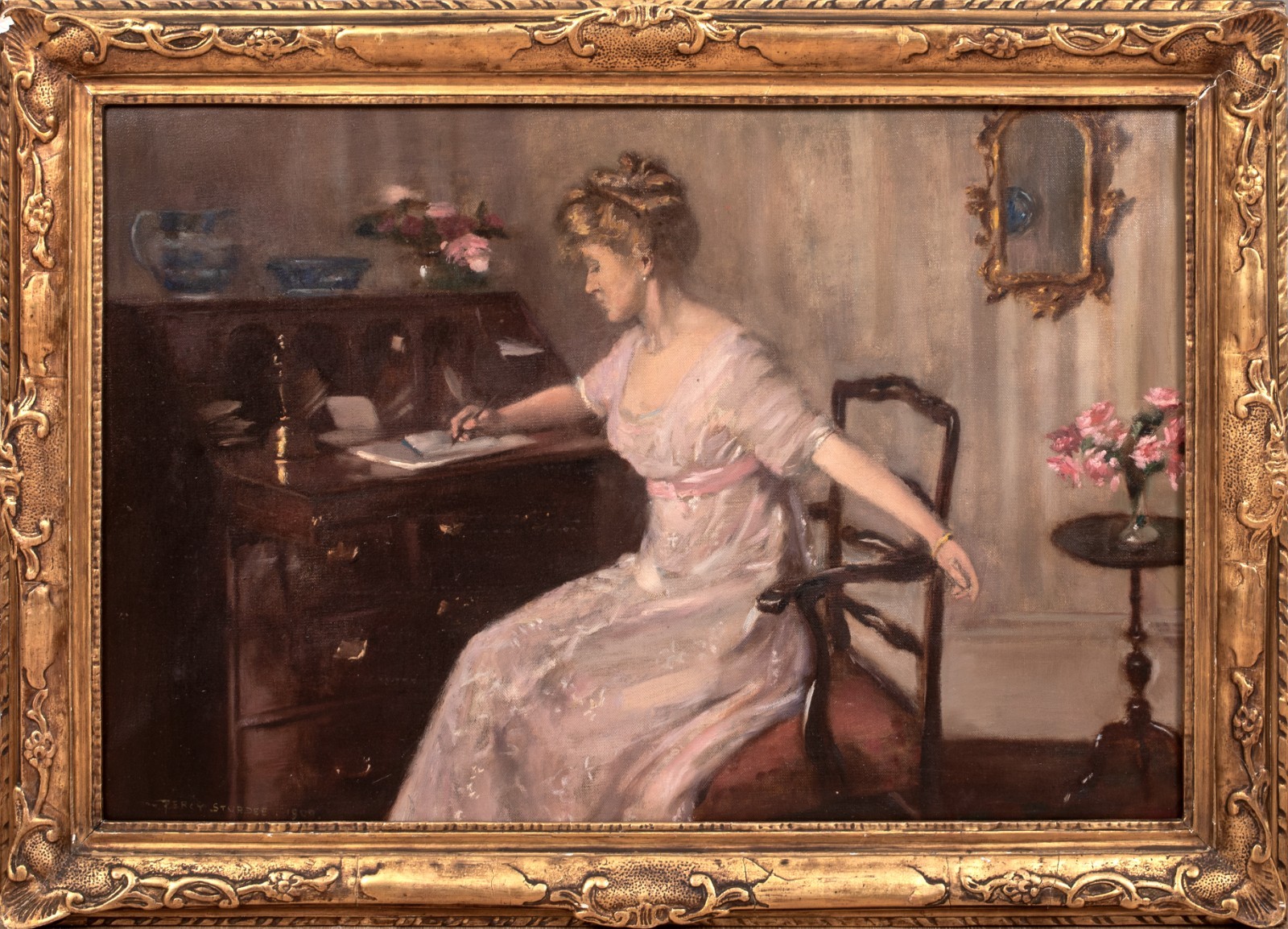 Large 1909 English Portrait Of An Elegant Lady At Her Writing Desk Percy STURDEE Large 1909 English Portrait Of An Elegant Lady At Her Writing Desk Percy STURDEE