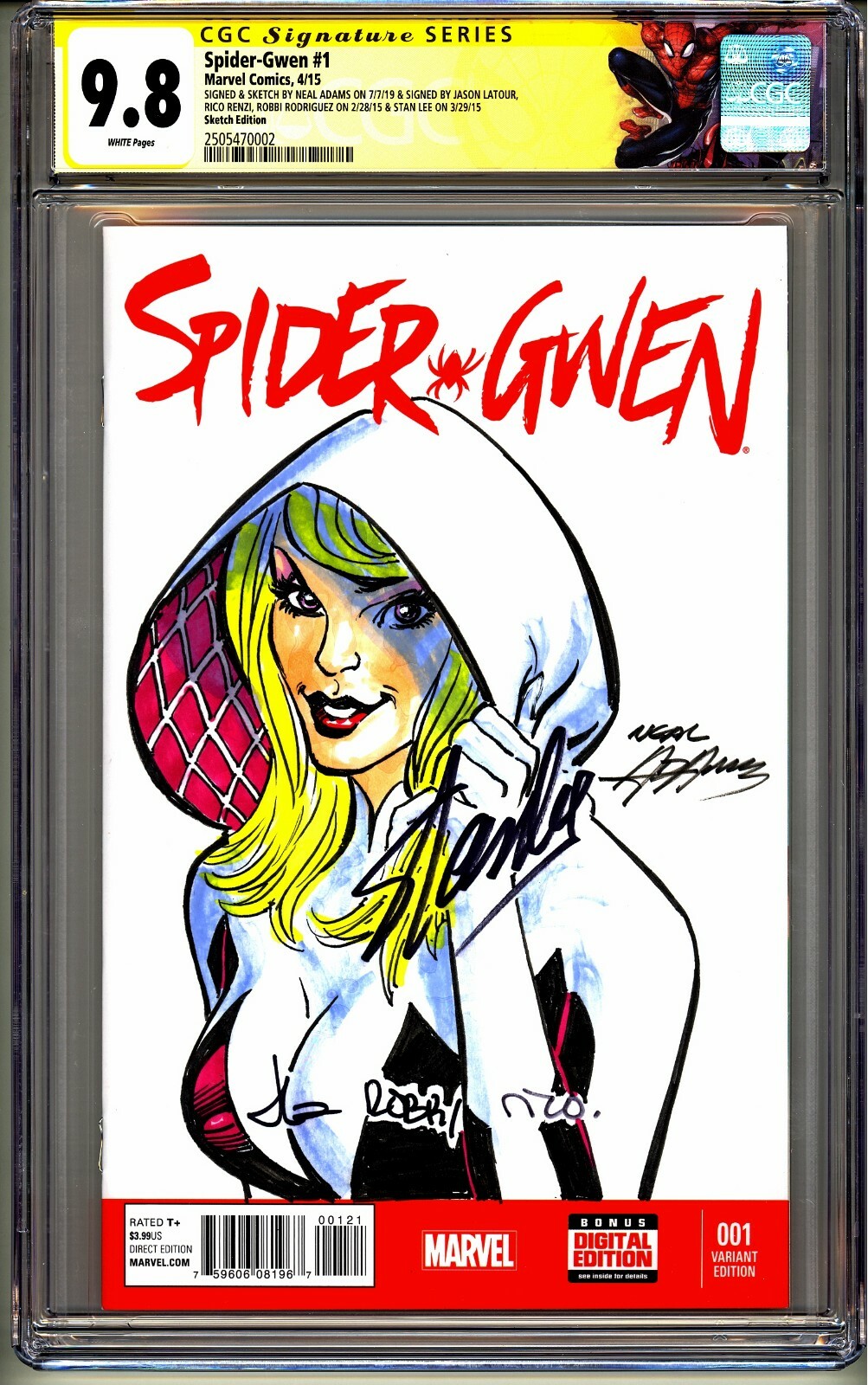 SPIDER-GWEN 1 CGC SS 9.8 STAN LEE, LATOUR,RENZI,RODRIGUEZ, SKETCH BY NEAL ADAMS SPIDER-GWEN 1 CGC SS 9.8 STAN LEE, LATOUR,RENZI,RODRIGUEZ, SKETCH BY NEAL ADAMS