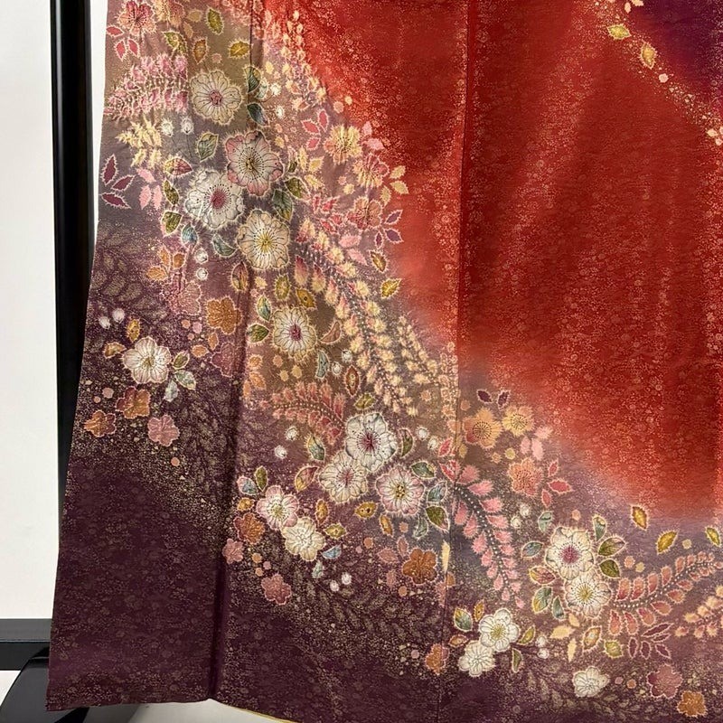 Japanese Silk Houmongi Kimono M 165cm Vermilion Tokunaga Kenpo Yamato Floral